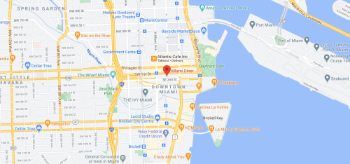 Map of downtown Miami, highlighting streets, parks, and notable locations near the waterfront.