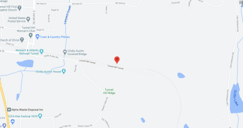 Map showing Tunnel Hill Tunnel location with a red marker, near Clisby Austin Covered Bridge and surrounding roads.