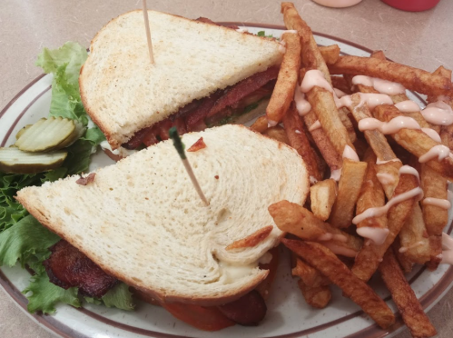 A sandwich with lettuce, bacon, and tomato, served with fries drizzled in sauce and pickles on the side.