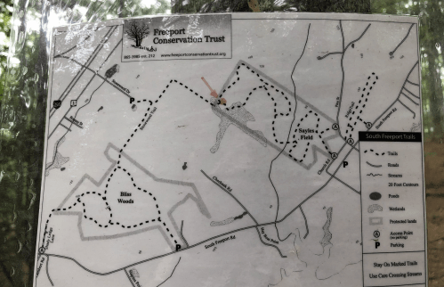 Map of Freeport Conservation Trust trails, showing paths, parking, and points of interest in the area.