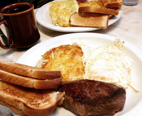 A hearty breakfast plate with steak, eggs, hash browns, and toast, alongside a cup of coffee.