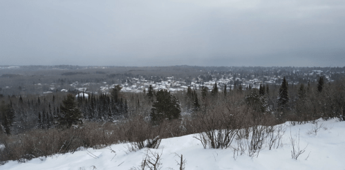 A snowy landscape overlooking a small town surrounded by trees under a gray sky.