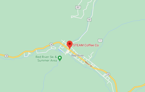 Map showing the location of STEAM Coffee Co in Red River, near Red River Ski & Summer Area.
