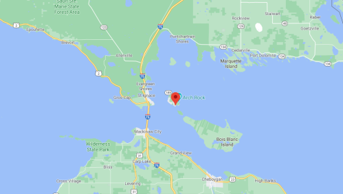 Map showing Arch Rock location on Mackinac Island, surrounded by water and nearby roads.
