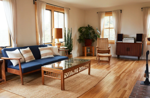 Cozy living room with a blue sofa, wooden furniture, plants, and large windows letting in natural light.