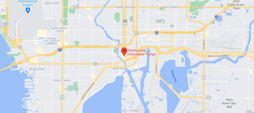 Map showing the location of Peterbrooke Chocolatier in Tampa, Florida, near major roads and landmarks.