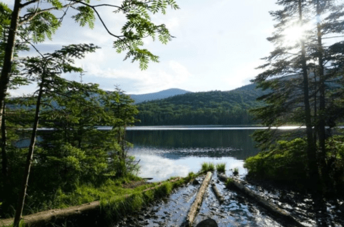 A serene lake surrounded by trees and mountains, with sunlight reflecting on the water's surface.