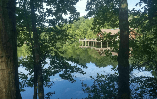 A serene lake view framed by trees, featuring a wooden dock and a cabin reflecting on the water's surface.