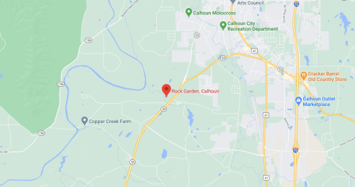 Map showing the location of Rock Garden in Calhoun, with nearby landmarks and roads indicated.