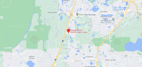 Map showing the location of Planet Obstacle, labeled as the world's largest indoor obstacle course.