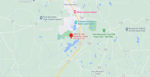 Map showing Pine Mountain, Georgia, highlighting the Cecil B. Day Butterfly Center and nearby attractions.