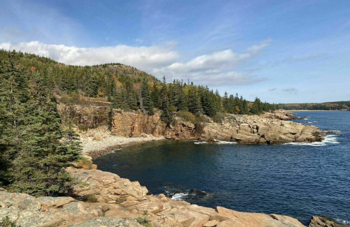 A rocky coastline with lush green trees and a calm blue sea under a partly cloudy sky.