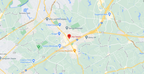 Map showing the location of Jeju Sauna in Duluth, Georgia, with nearby landmarks and roads.