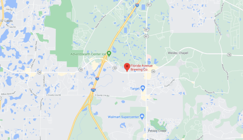 Map showing the location of Florida Avenue Brewing Co. near Wesley Chapel, Florida, with nearby landmarks and roads.