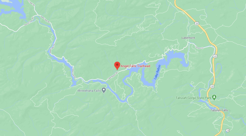 Map showing the location of Angel Falls Trailhead near Tallulah Gorge State Park in Georgia.