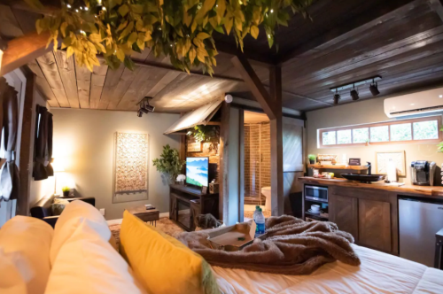 Cozy cabin interior with a bed, TV, kitchenette, and natural decor, featuring warm lighting and wooden accents.