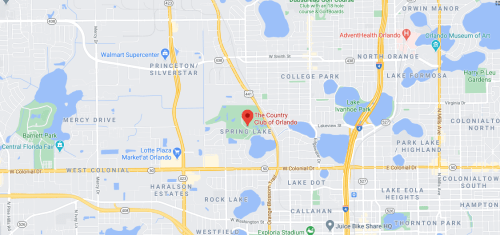 Map showing the location of The Country Club of Orlando, near Spring Lake and various parks in the area.
