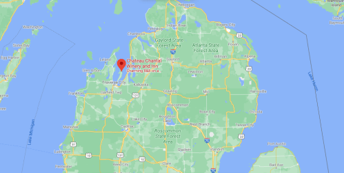 Map showing the location of Chateau Chantal Winery and Inn in Michigan, near Traverse City and the surrounding area.