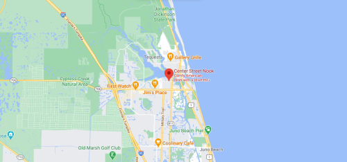 Map showing the location of Center Street Nook near Juno Beach, Florida, with nearby landmarks and roads.