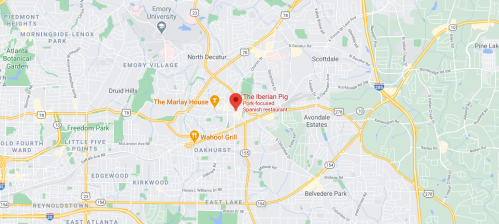 Map showing the location of The Iberian Pig, a pork-focused Spanish restaurant in Atlanta, Georgia.
