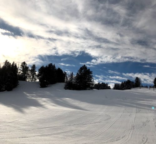 A snowy landscape with ski tracks, trees in the background, and a partly cloudy blue sky.