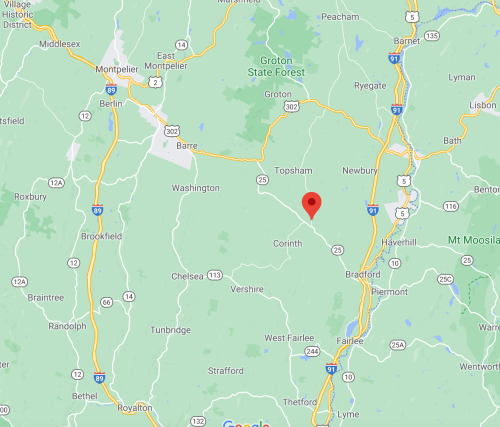 Map showing the area around Corinth, Vermont, with major roads and nearby towns highlighted.