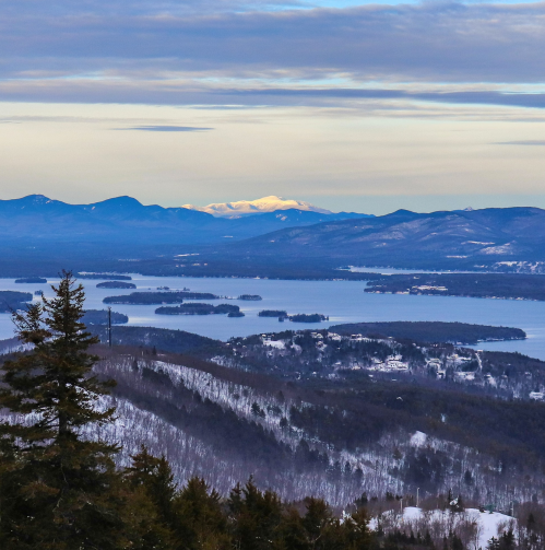 A scenic view of snow-covered mountains and a lake, with a foreground of trees and a cloudy sky.