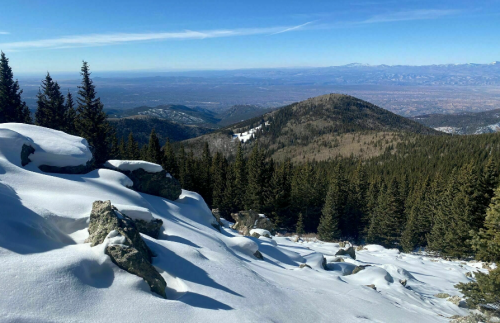 Snow-covered mountains and valleys under a clear blue sky, with evergreen trees dotting the landscape.