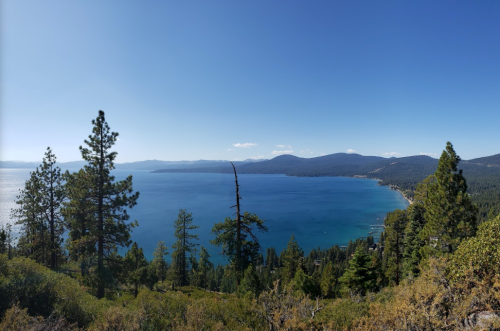 A panoramic view of a serene lake surrounded by mountains and lush trees under a clear blue sky.