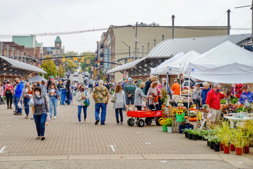 A bustling outdoor market with people browsing stalls, colorful flowers, and produce under white tents on a cloudy day.