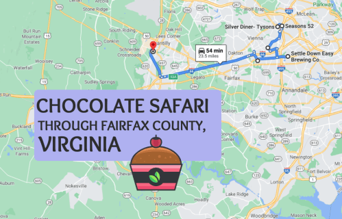 Map of Fairfax County, Virginia, highlighting a "Chocolate Safari" route with a cupcake graphic.