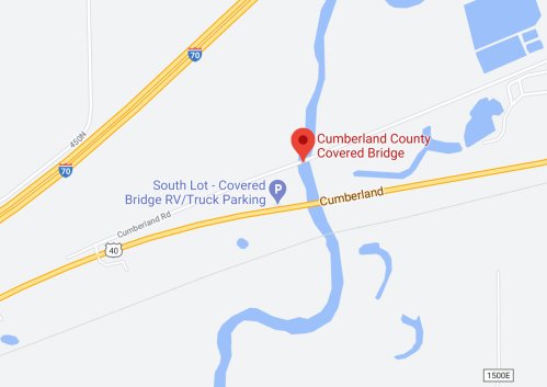 Map showing the location of Cumberland County Covered Bridge near Cumberland, with nearby parking information.