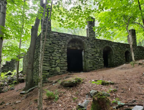 Stone ruins partially hidden by trees in a forest, with a dirt path leading up to the structure.