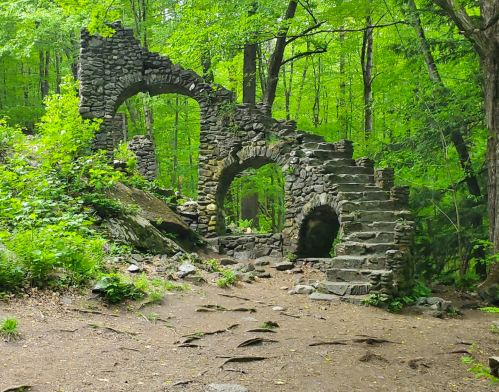 Stone ruins with arches and steps, surrounded by lush green trees and foliage in a forest setting.