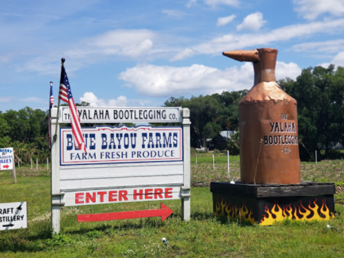 Sign for Yalaha Bootlegging Co. with a large jug sculpture and flags, indicating entrance to Blue Bayou Farms.