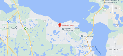 Map showing Blue Bayou Farm location near Green Acres Farm and surrounding areas, with nearby parks and roads.