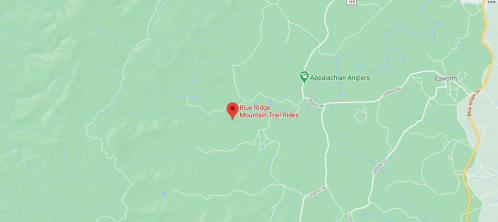 Map showing the location of Blue Ridge Mountain Trail Rides near Epworth, Georgia, surrounded by green mountainous terrain.