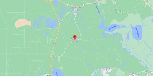 Map showing Alexander Springs, Florida, with surrounding roads and natural features in green.