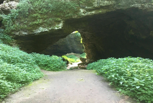 A natural rock arch frames a path through lush greenery, leading into a serene, shaded area.