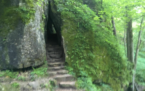 A moss-covered rock formation with a narrow opening and stone steps leading into a lush green forest.