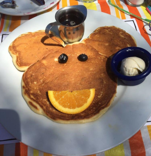 A plate of pancakes shaped like Mickey Mouse, with blueberries for eyes, an orange slice for a smile, and a side of syrup.