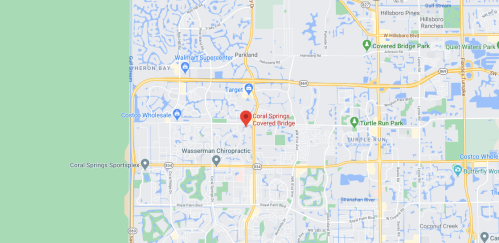Map showing Coral Springs, Florida, highlighting Covered Bridge and nearby landmarks like Target and Costco.
