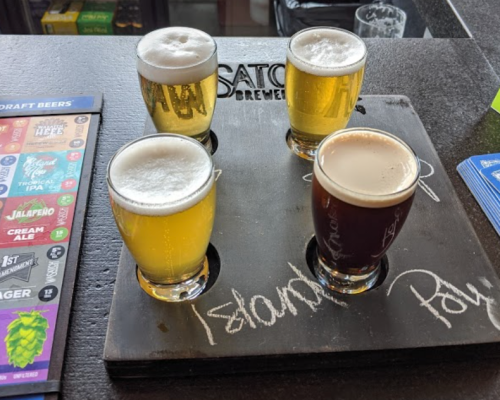Four small glasses of beer on a black flight board, with a menu and chalkboard in the background.