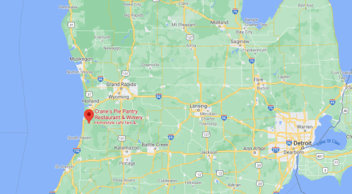 Map showing the location of Crane's Pie Pantry Restaurant & Winery in Michigan, near the coast.