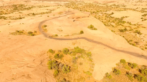 Aerial view of a winding path through a desert landscape with sparse vegetation and rocky terrain.