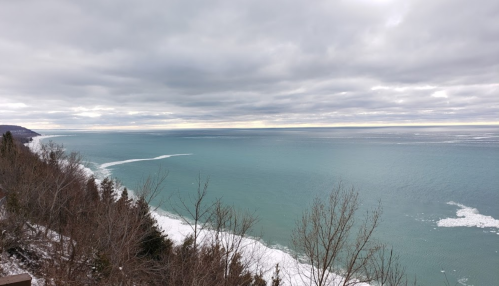A serene view of a lake with icy edges, surrounded by trees under a cloudy sky.