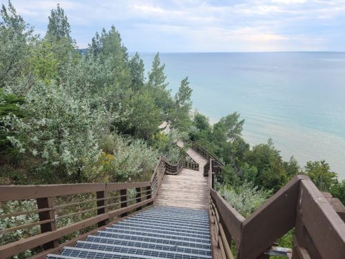A wooden staircase descends through greenery towards a calm lake under a cloudy sky.