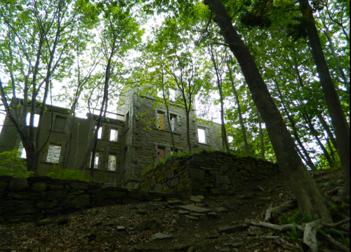 Ruins of a stone building surrounded by trees, with a path leading up through the forest.