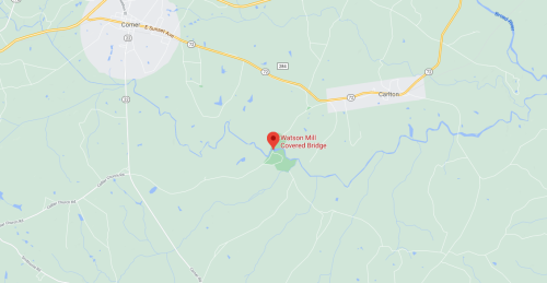 Map showing the location of Watson Mill Covered Bridge, surrounded by green areas and roads.