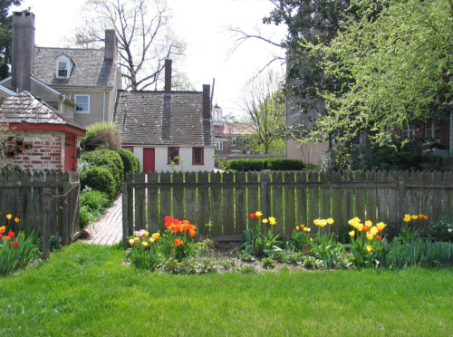 A quaint garden with colorful tulips, a wooden fence, and charming houses in the background under a clear blue sky.